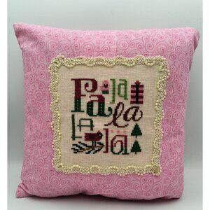 Fa La La Handmade Pink Pillow W/ Cross Stitch Holiday Design Swirl Pattern Back